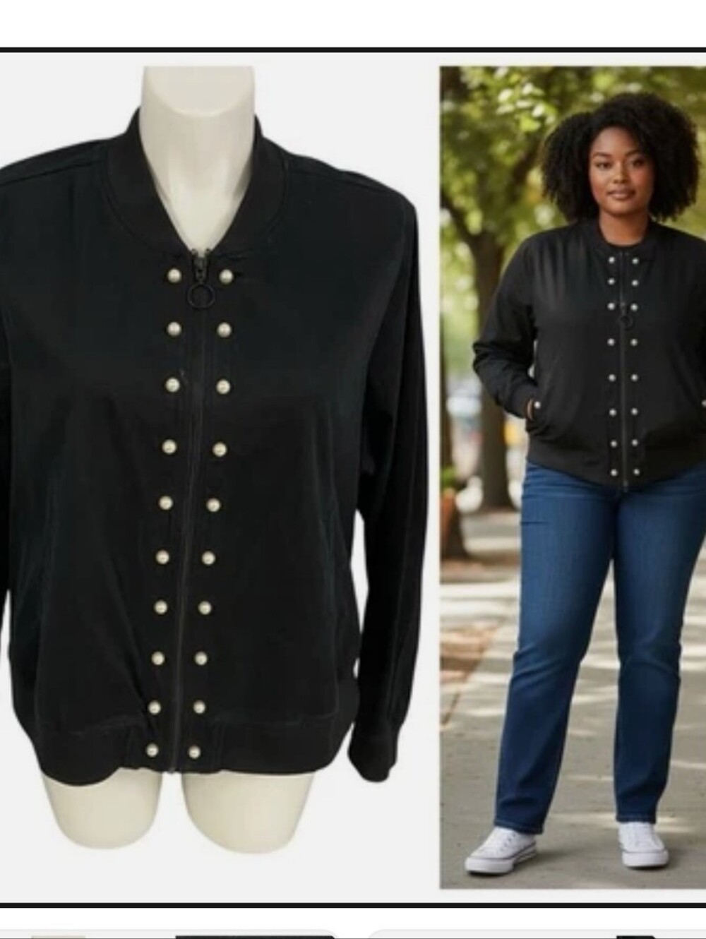 Lane Bryant Black Faux Pearl Studded Bomber Jacket